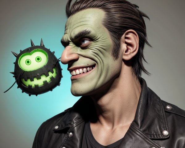 Stylized Character with Green Face and Cartoon Creature