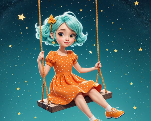 Young girl with turquoise hair on a swing at night