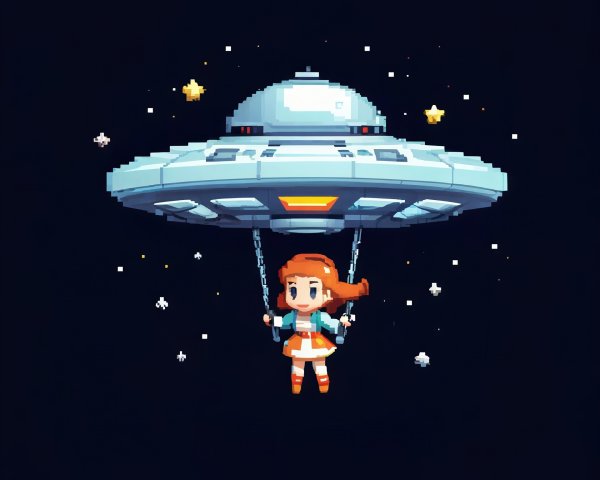 UFO and Girl on Swing in Pixel Art Illustration