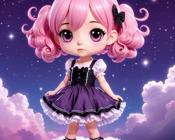 Chibi-style doll on clouds with starry night background
