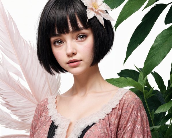 Young woman with bob haircut and floral attire