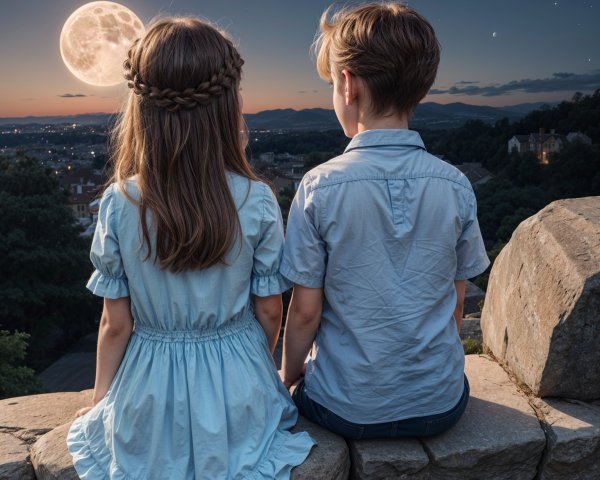 Children on a stone wall under a luminous moon