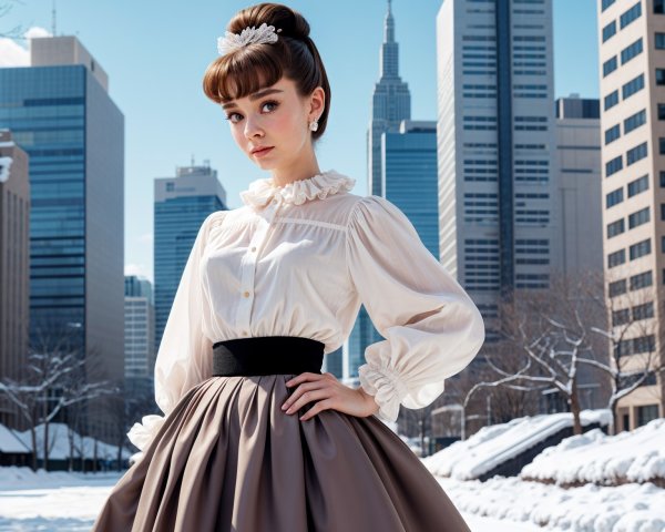 Elegant Woman in Snowy Urban Landscape with Skyscrapers