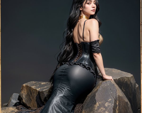 Elegant figure in dark gown on rocky surface