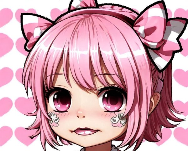 Cute anime character with pink bob hair and bows