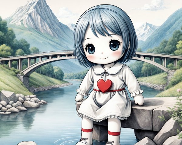 Chibi Character by Serene River in Picturesque Landscape