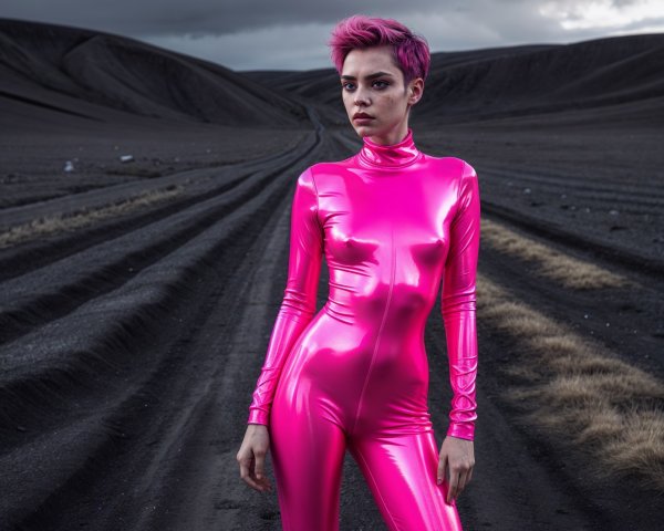 Model in Pink Bodysuit on Rugged Landscape