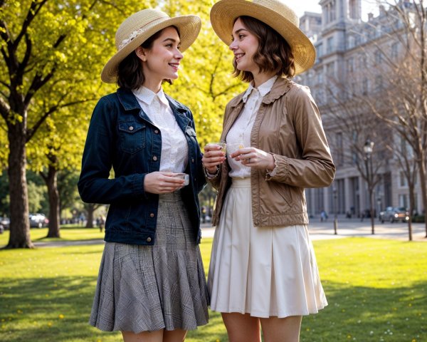Young women in stylish outfits at sunlit park