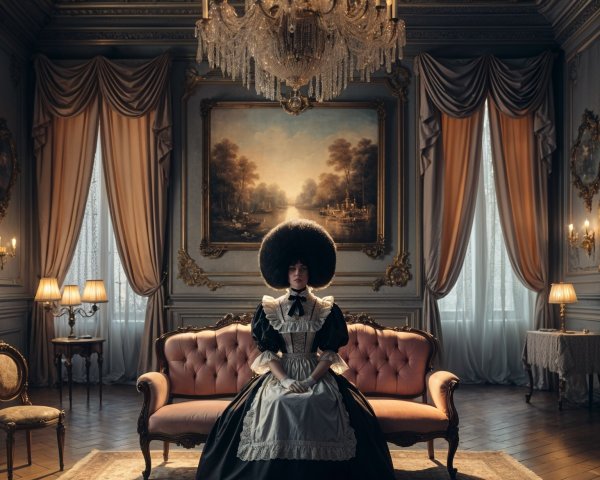 Dramatic Historical Scene with Woman in Black Dress
