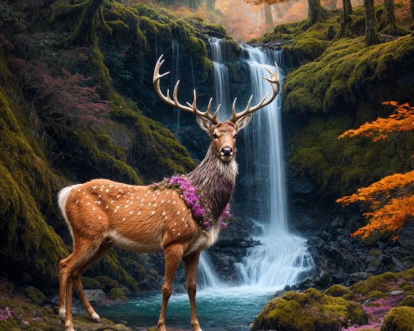 Deer Near Waterfall Surrounded by Autumn Foliage