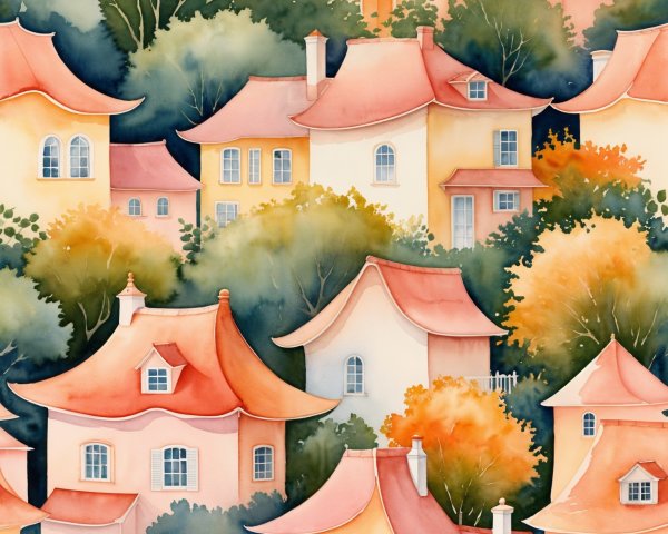 Charming Pastel Houses in a Whimsical Landscape