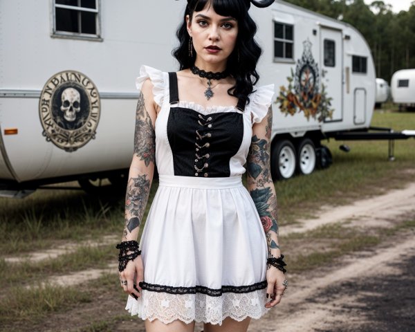 Confident Woman in Black and White Dress with Horns