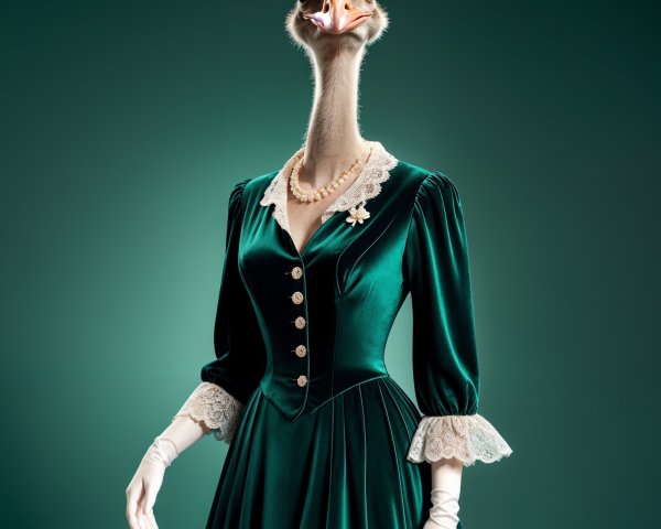 Elegant Ostrich in Vintage Velvet Gown Illustration