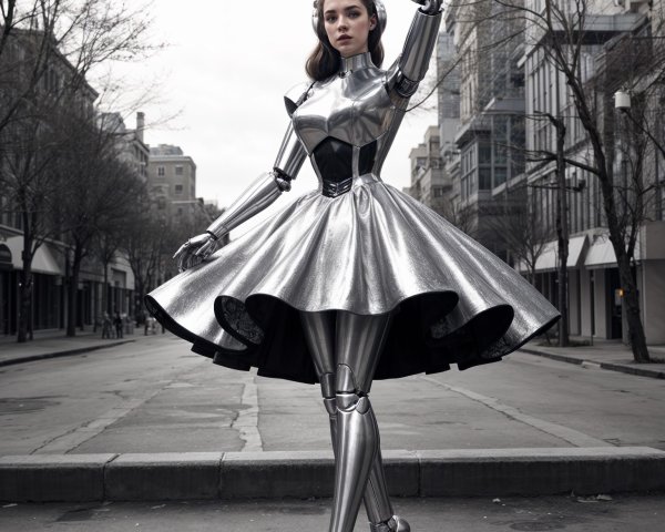 Futuristic Robot in Stylish Dress on Urban Street