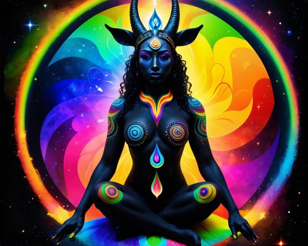 Black-Skinned Character with Ram Horns in Cosmic Art