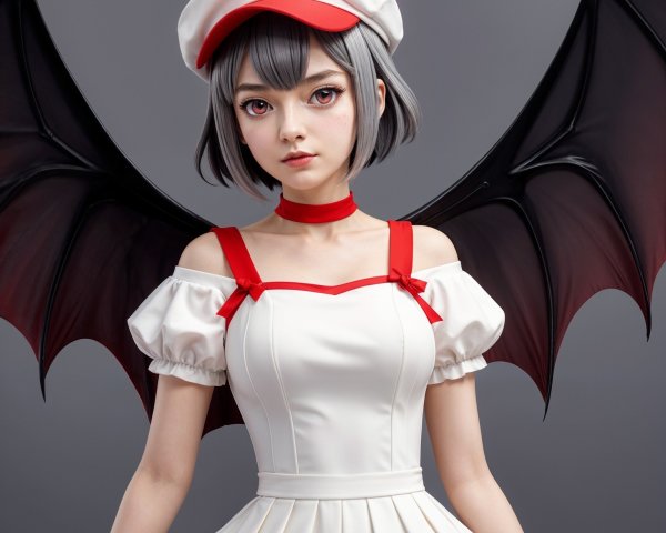 Character in White Dress with Bat Wings and Cap