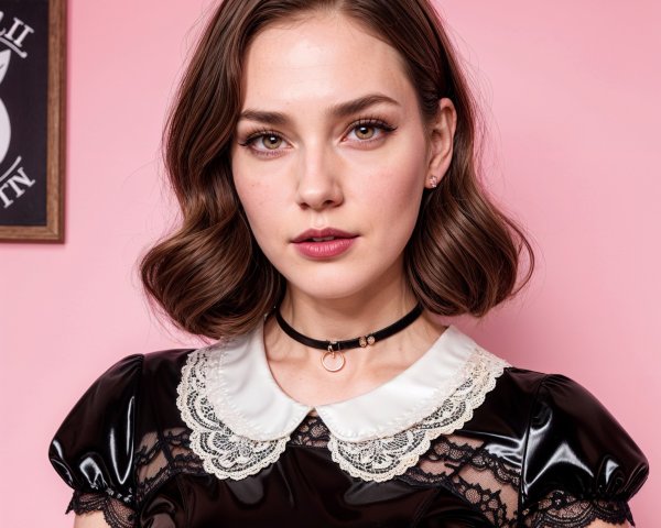 Young woman in black dress with white lace collar
