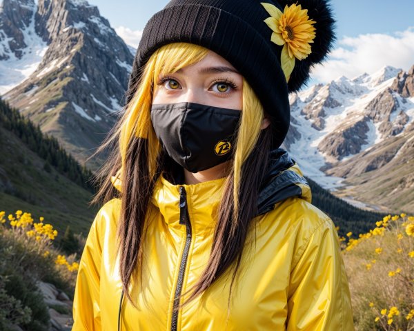 Young woman in yellow hair and black mask in mountains