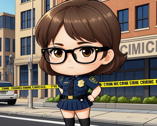Chibi-Style Police Officer on City Street Scene