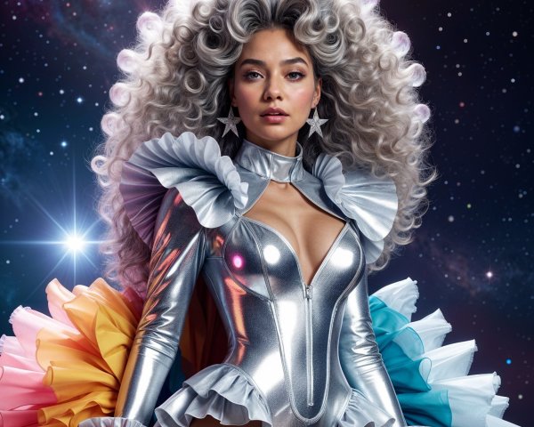 Futuristic figure in silver bodysuit against cosmos