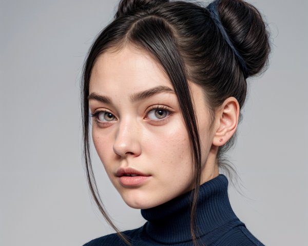 Young woman in turtleneck sweater with high buns