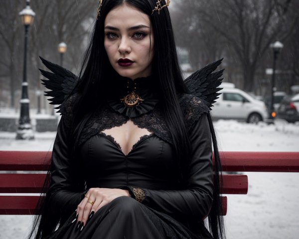 Gothic Figure in Black Gown on Red Bench in Snow