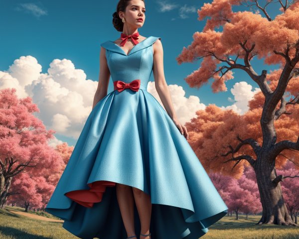 Elegant Woman in Blue Dress Amidst Blossoming Trees