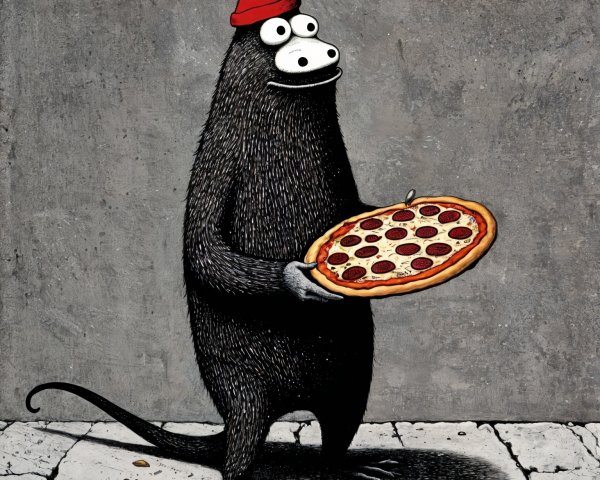 Cartoonish Creature with Pizza Against Gray Background