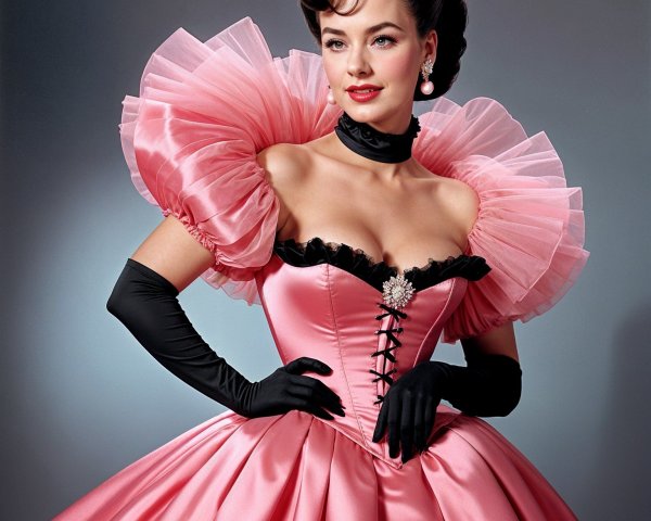 Elegant woman in glamorous pink gown with ruffles