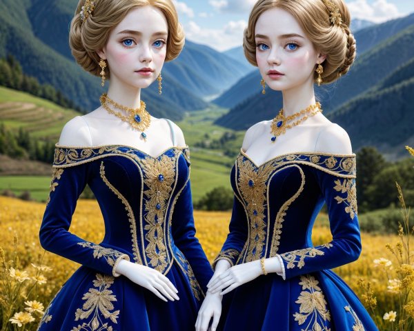 Dolls in Royal Blue Gowns in a Mountain Meadow