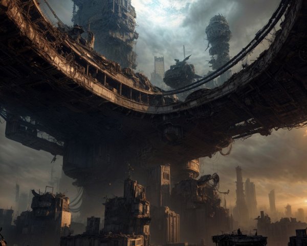 Dystopian Cityscape with Decaying Structures and Clouds