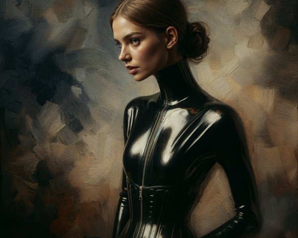 Woman in Black Latex Outfit Against Textured Background