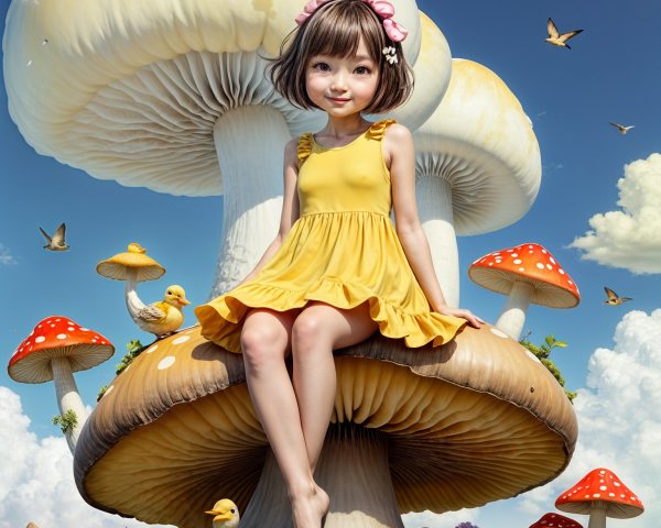 Whimsical Landscape with Girl on Giant Mushroom