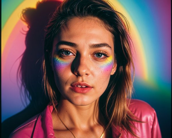 Young woman with rainbow makeup and pink jacket