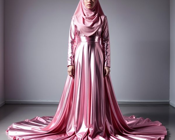 Elegant Woman in Pink Satin Gown with Long Train