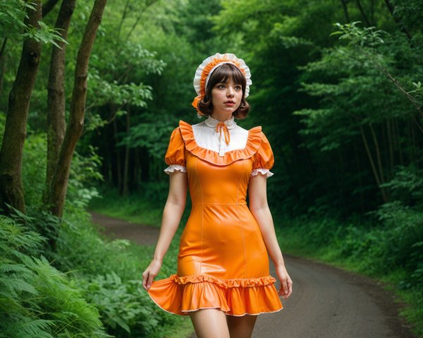 Young woman in orange dress on tree-lined path