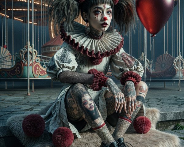 Whimsical Clown Figure on Plush Surface with Carousel