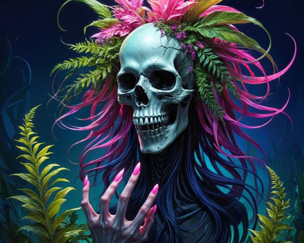 Skull Surrounded by Vibrant Foliage and Plants