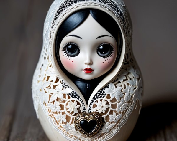 Crafted Doll with Lace Headscarf and Vintage Charm