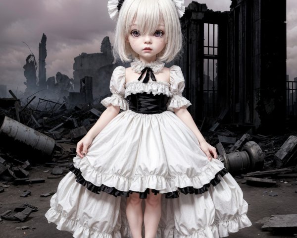 Doll-like Figure in Post-Apocalyptic Landscape