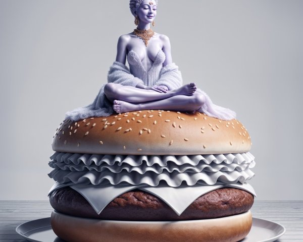 Surreal Hamburger with Elegant Figure and Textured Layers