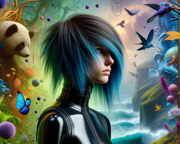 Futuristic Scene with Nature and Stylish Figure