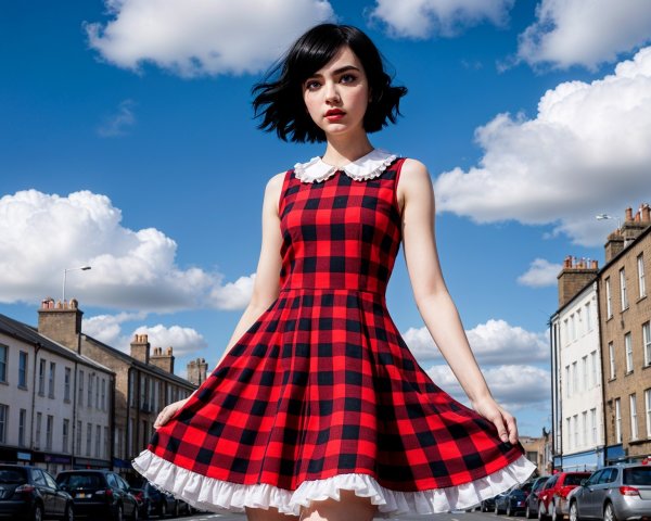 Young Woman in Vintage Dress on Bright Urban Street