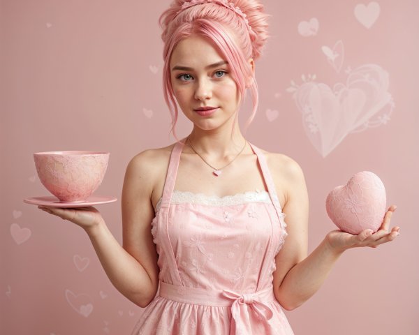 Young woman with pastel pink hair in romantic setting