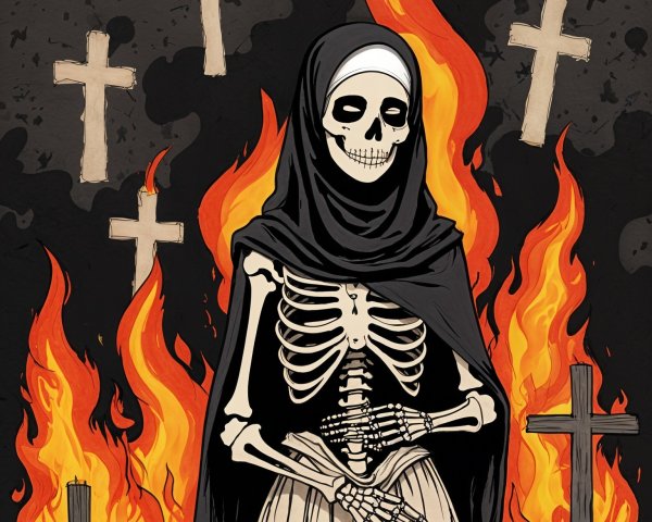 Skeletal Figure in Robe Surrounded by Flames and Crosses