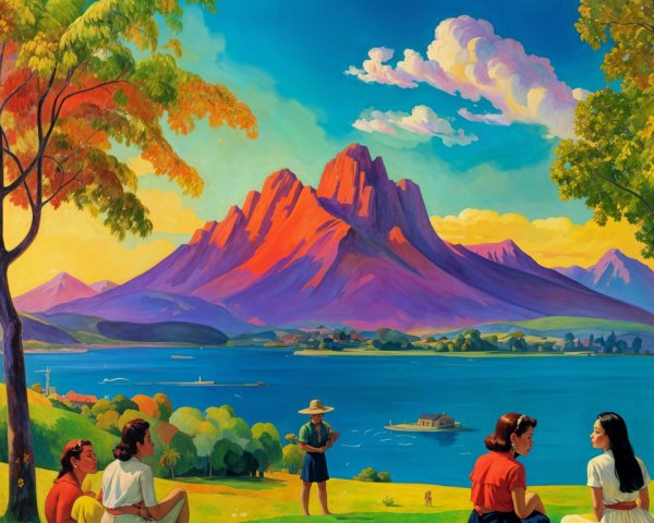 Vibrant Picnic Scene by a Serene Lake and Mountains