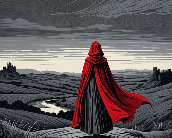 Cloaked Figure in Red Hood on Winding Path Landscape