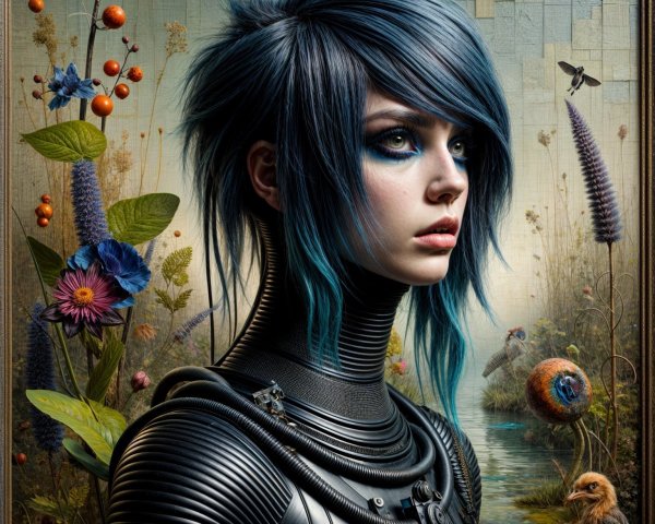 Futuristic figure with blue hair in vibrant nature setting