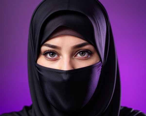 Close-Up Portrait of Woman in Black Hijab with Purple Background
