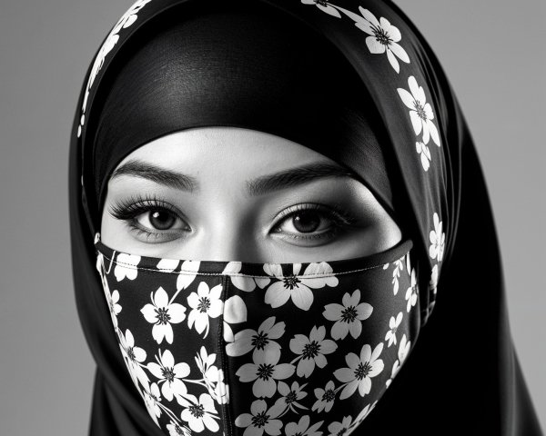 Close-up Portrait of Woman in Floral Hijab and Mask